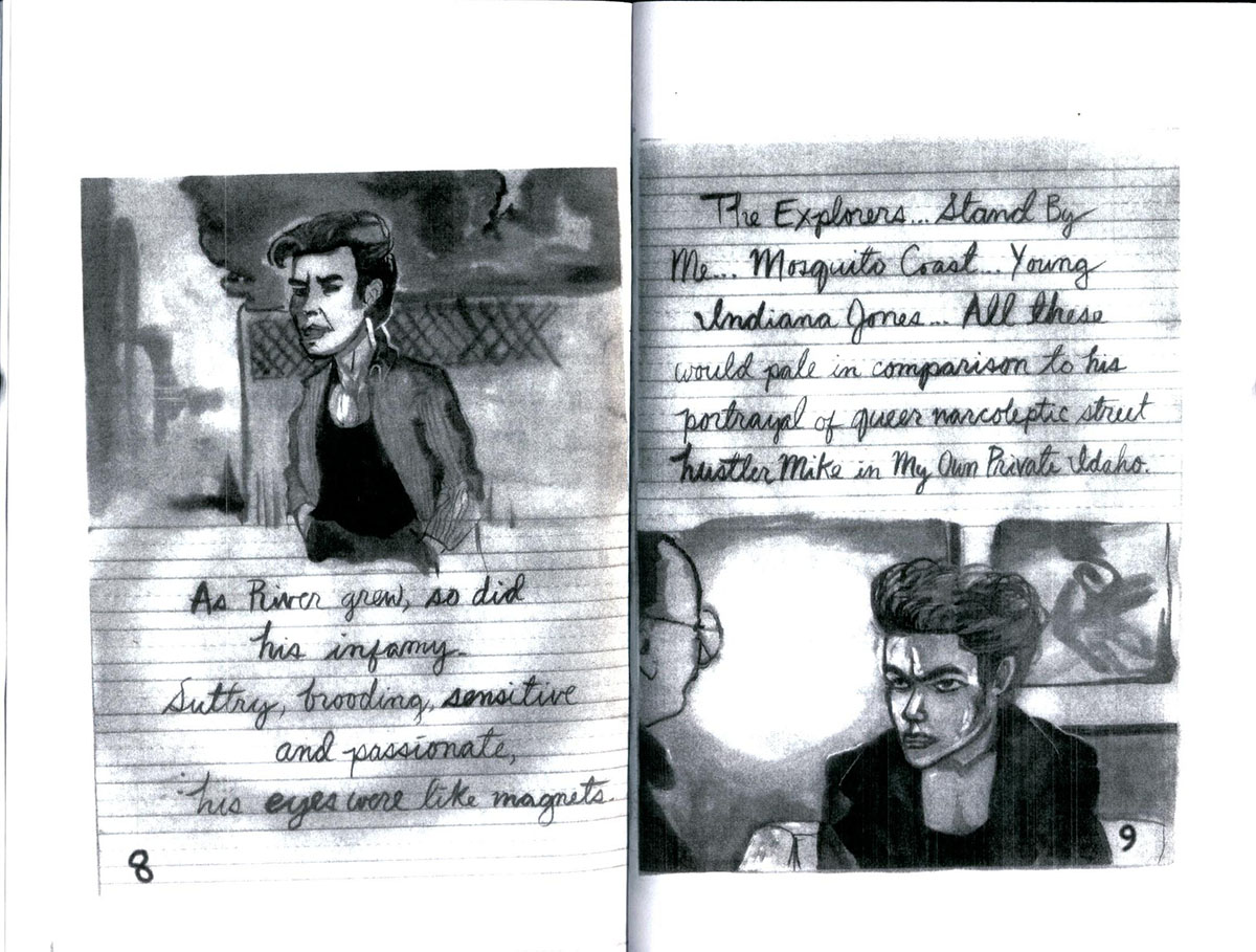 zine spread: drawings of River Phoenix