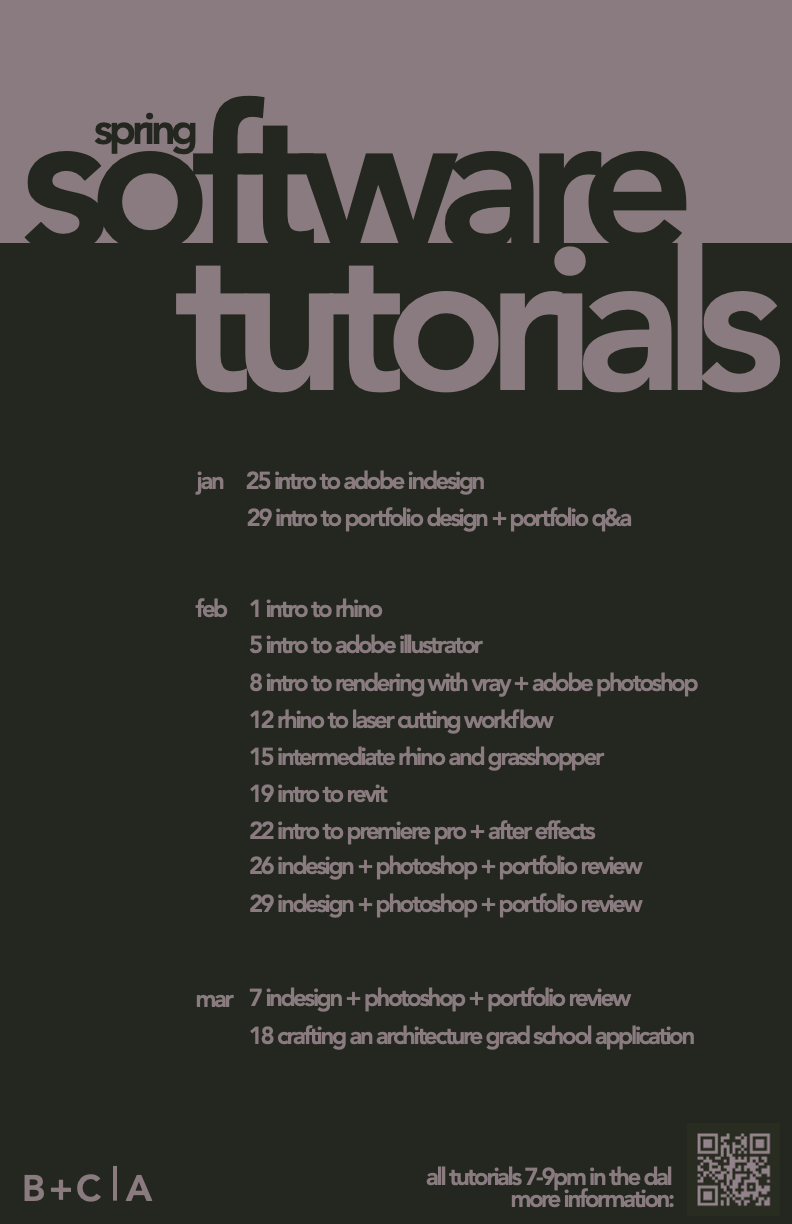 Spring 2024 software tutorials poster with schedule.