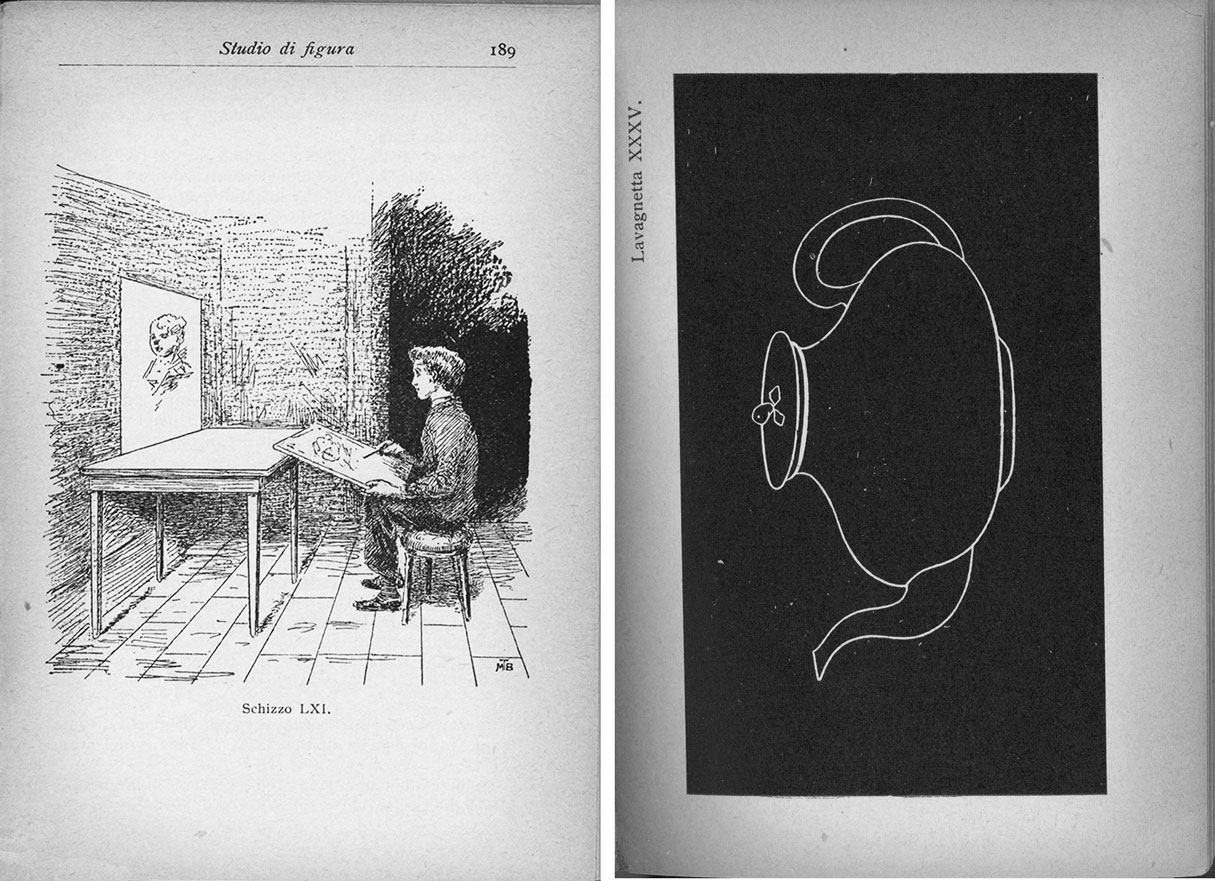Black and white illustration of man sitting at a desk and a teapot